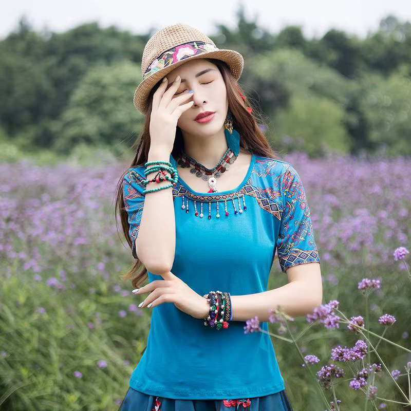 T-shirt d'été en coton pour femmes, Style ethnique, manches courtes, col rond, rétro, Slim, Style ch