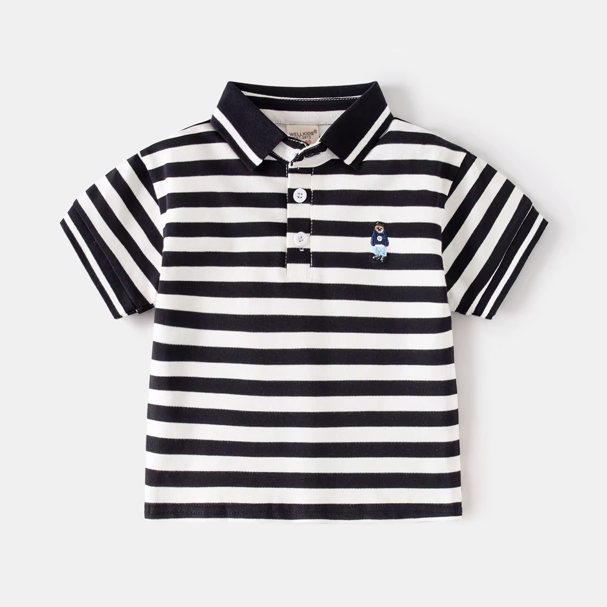 T-shirt Polo à Revers pour Garçons de 2-7 Ans, Broderie Ours Cartoon, Manches Courtes, Uni ou Rayé, 