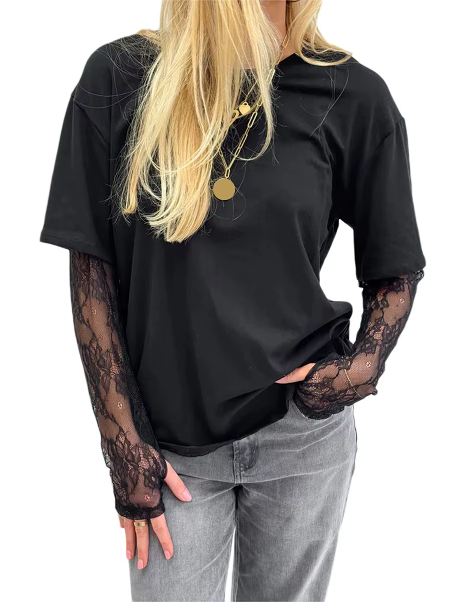 Femmes col rond T-Shirt dentelle à manches longues chemises décontractées printemps automne coupe am