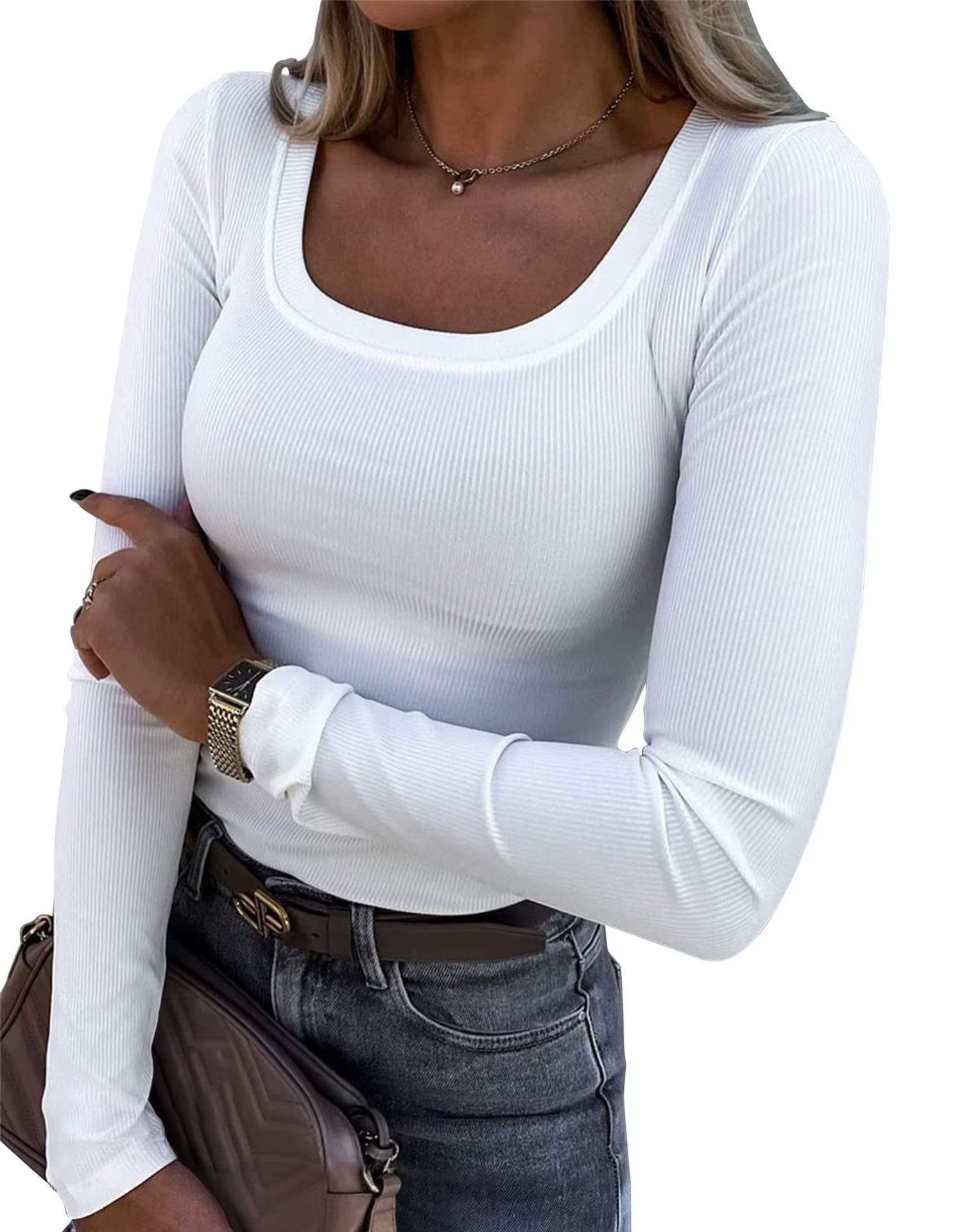 T-shirt à manches longues pour femmes, texture côtelée, coupe ajustée, col en U, décontracté