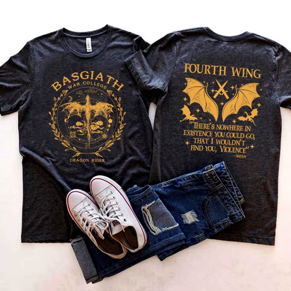 Basgiath War College T-Shirt imprimé sur 2 côtés Chemise à quatre ailes Dragon Rider Tee Violet Sorr