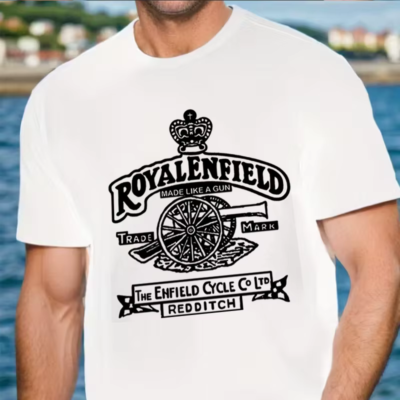 T-shirt classique avec logo de pistolet de moto Royal Enfield, col rond, manches courtes, décontract