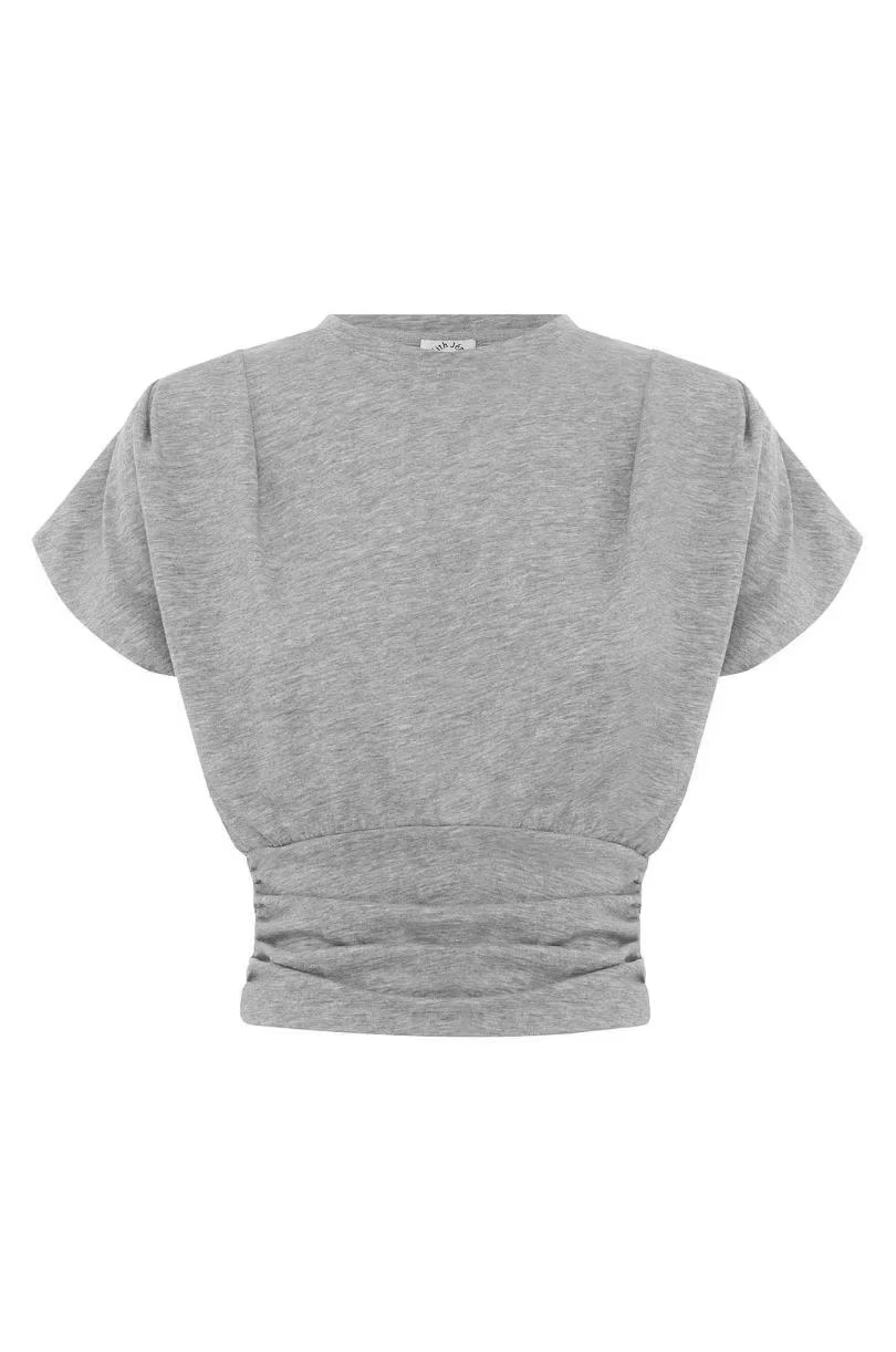 T-shirt gris à manches courtes pour femme, coupe ajustée, cintrée à la taille, style crop top, style