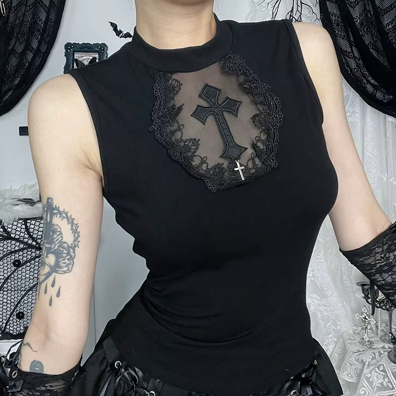 Goth foncé été réservoirs haut solide basique Techwear hauts femmes centre commercial gothique maill
