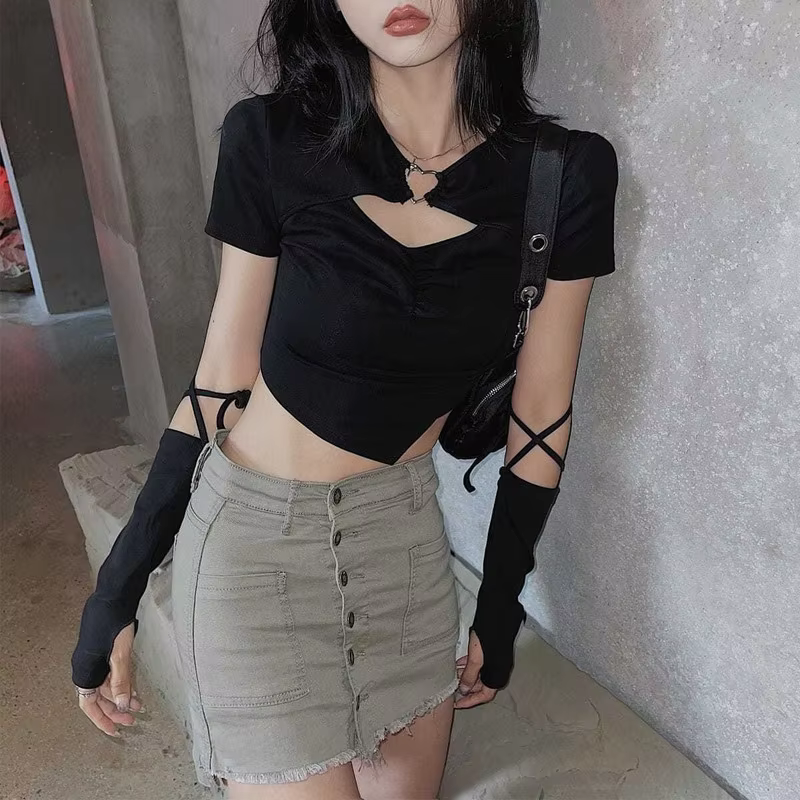T-shirt à manches courtes pour femmes, haut court au-dessus du nombril, design mince, All-Match, Hig
