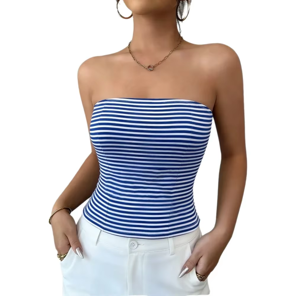 Haut tube sans bretelles pour femme, imprimé rayures bleues et blanches, extensible et ajusté, décon