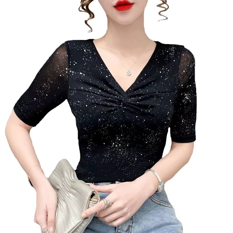Femmes à manches courtes maille T-shirt été brillant fond haut décontracté brillant soie plissée che