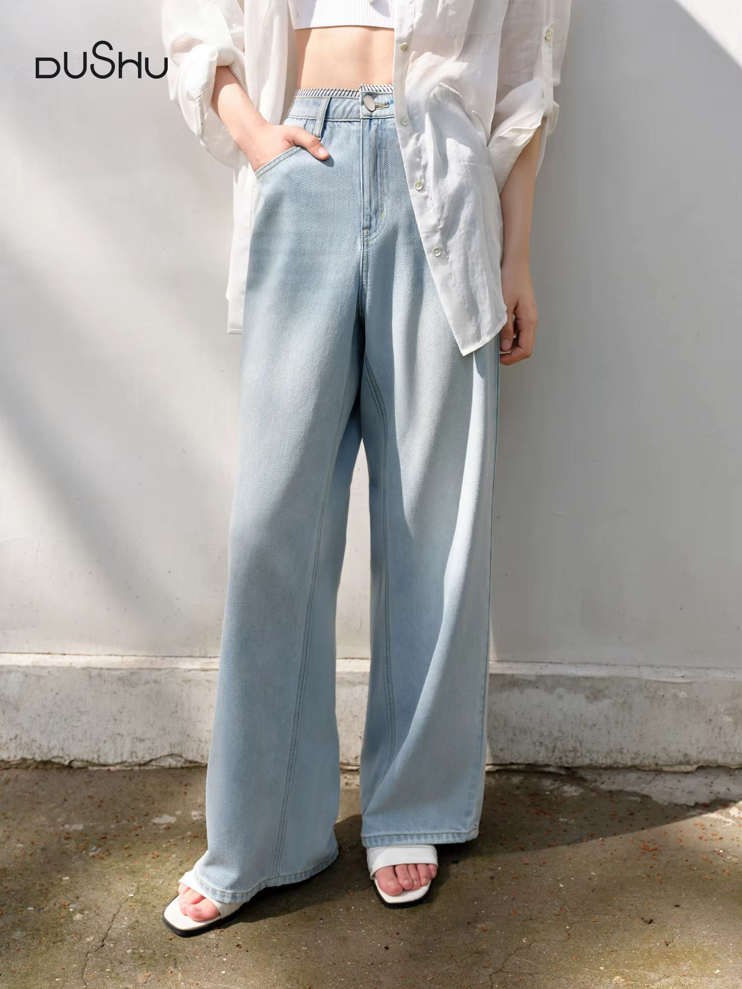 DUSHU jean de couleur claire été 2025 nouveau Style à la mode tout-match taille haute rayé couture p