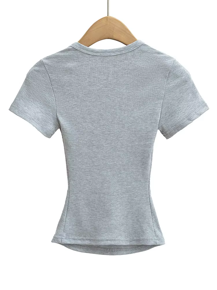 Col carré haute Stretch été culture hauts femmes à manches courtes hauts Sexy pull sommets Blouses m