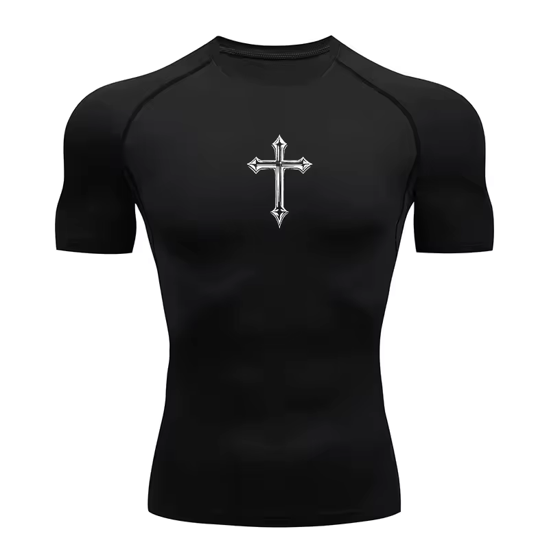 T-shirt de compression imprimé croisé pour hommes, T-shirt athlétique chrétien, hauts de sport, sous