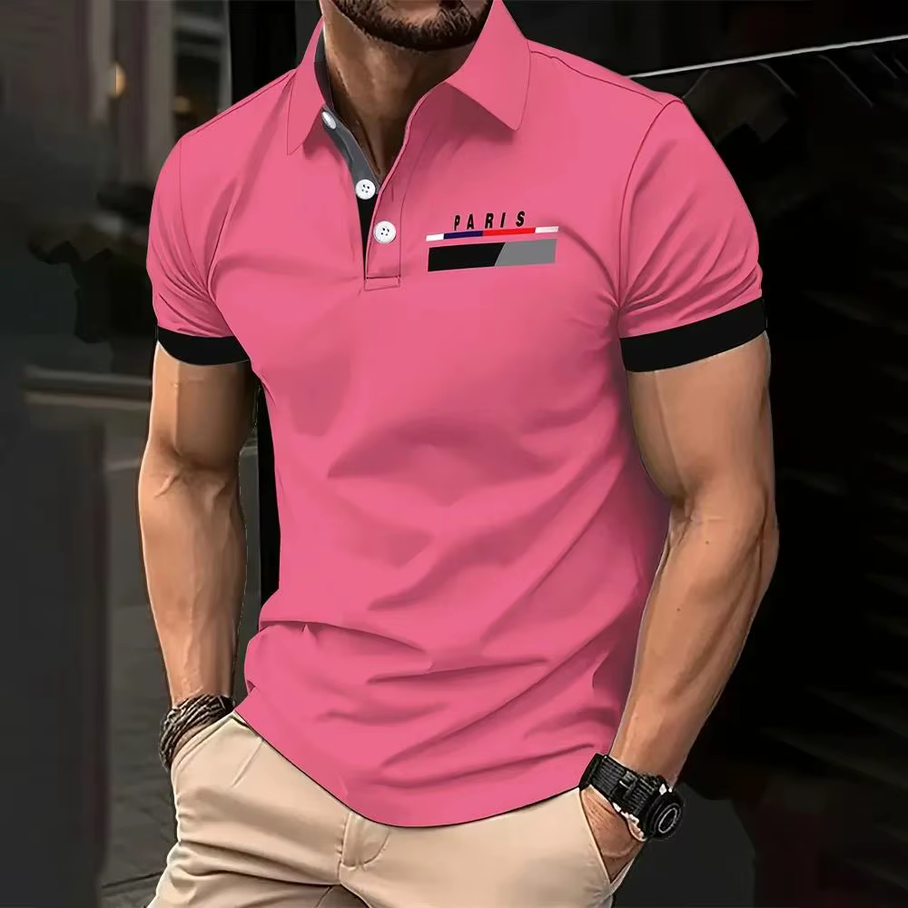Polo à manches courtes imprimé parisien pour homme, style décontracté, chemise à revers multifonctio