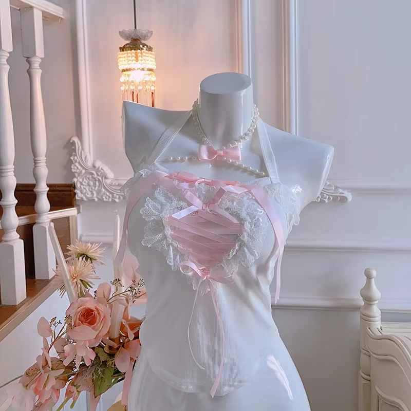 Haut court en dentelle en forme de cœur pour femmes, garniture mignonne, décoration de nœud, coupe c
