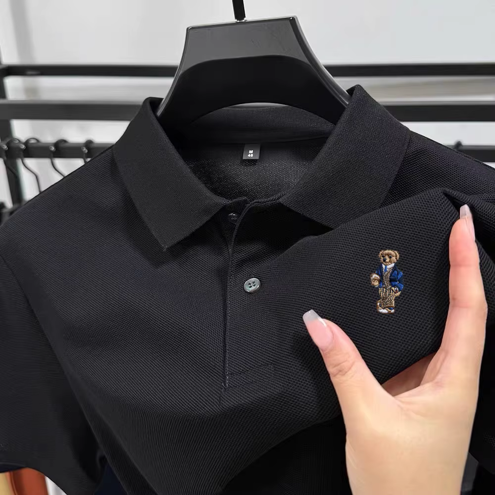 Polo homme en coton de haute qualité à manches courtes 2026, broderie ours en peluche, style décontr