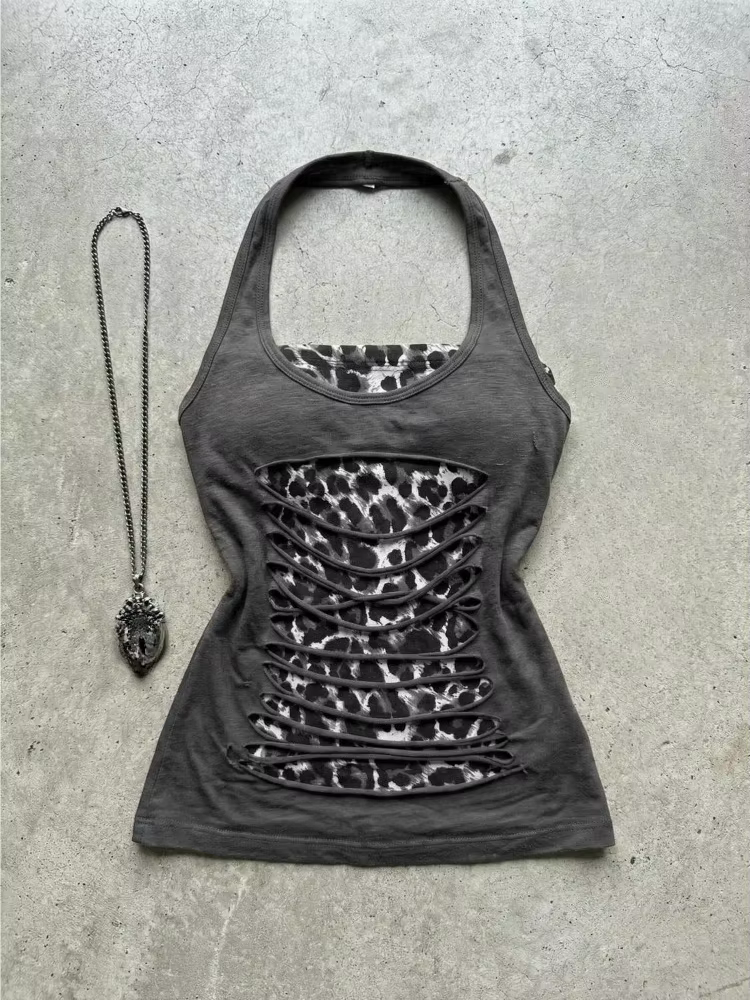 Débardeur Halter Léopard Esthétique Y2K Effet Deux Pièces pour Femme, Crop Top Patchwork Harajuku Gr