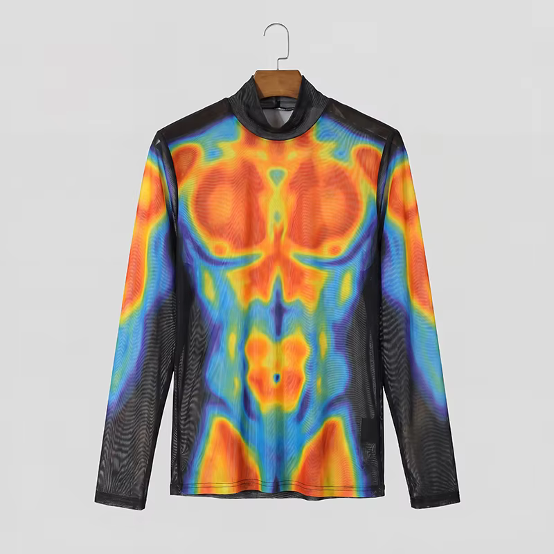INCERUN T-shirt imprimé à col roulé pour hommes, manches longues, transparent, Streetwear, vêtements