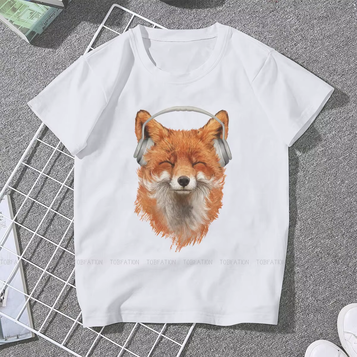 T-shirt femme, estival et humoristique, en coton, 5XL, avec image de renard Musical souriant, pour f