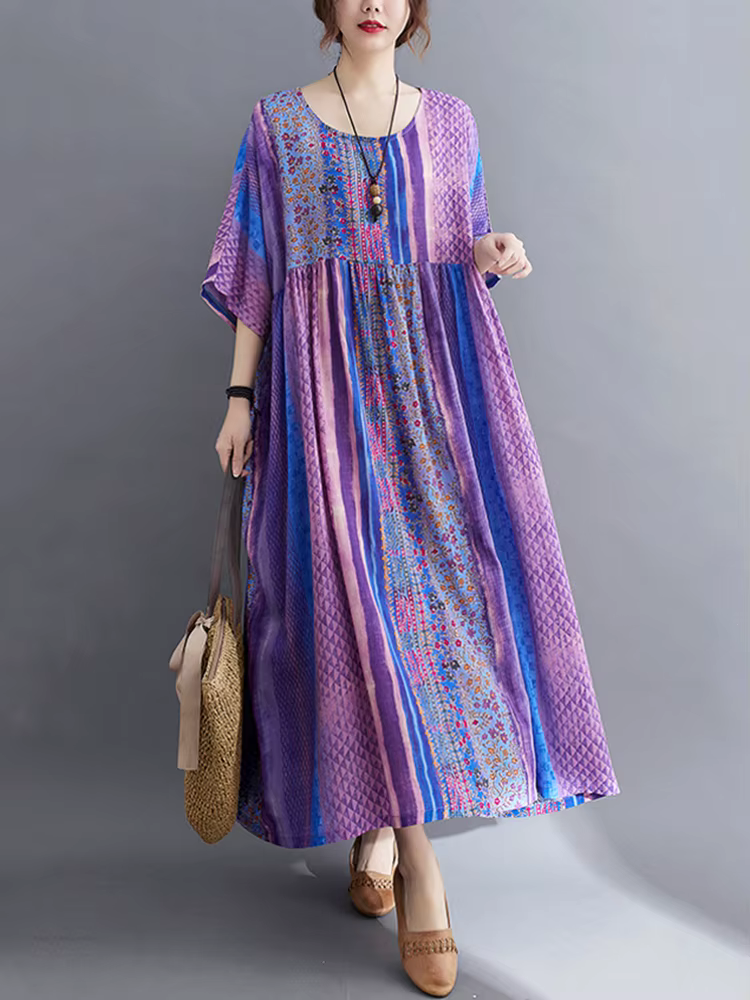 Manches courtes coton lin Vintage violet robes florales pour les femmes décontracté ample longue rob