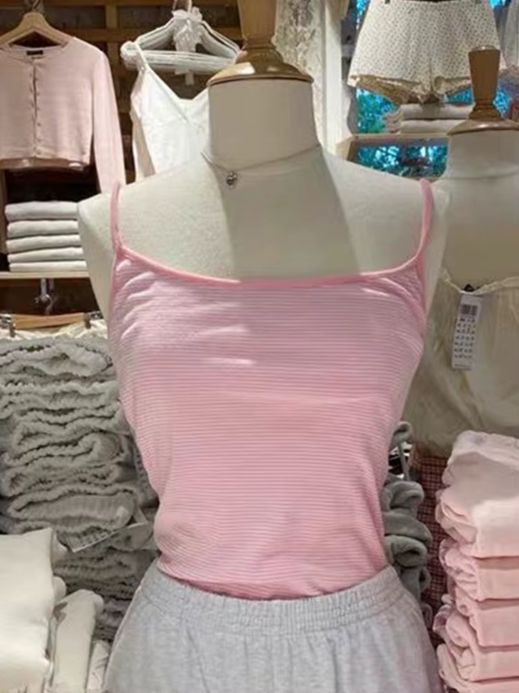 Débardeur Slim rayé rose doux pour femme, haut court, Sexy, mignon, sans manches, Camis en coton dou