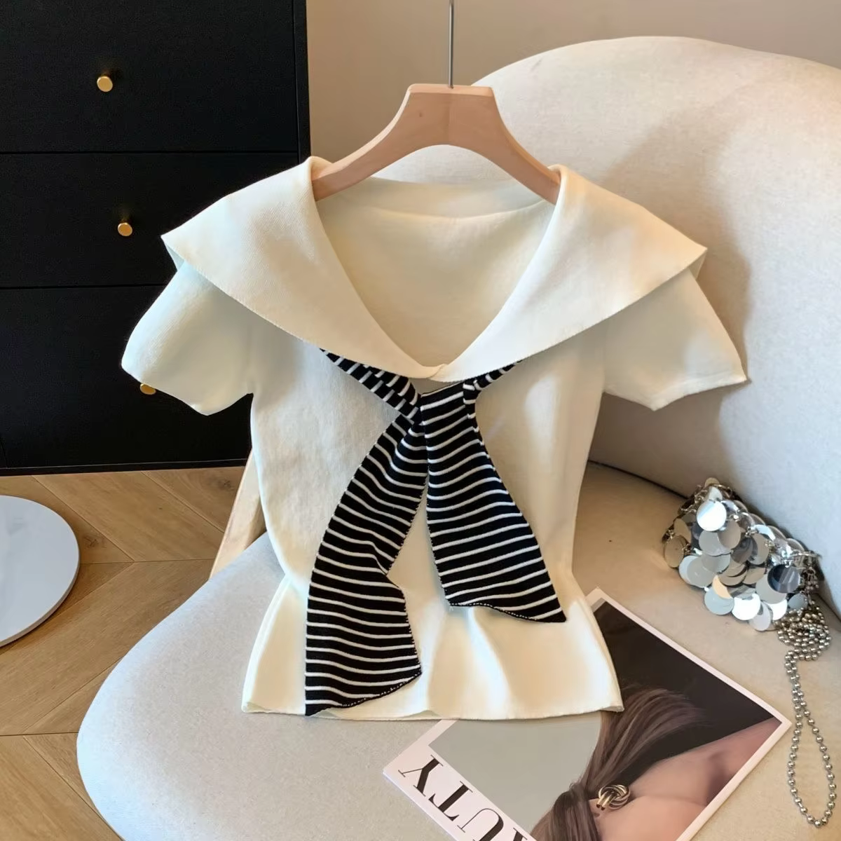 Haut en tricot rayé à lacets et manches courtes pour femme, grande taille, style preppy d'été, col m