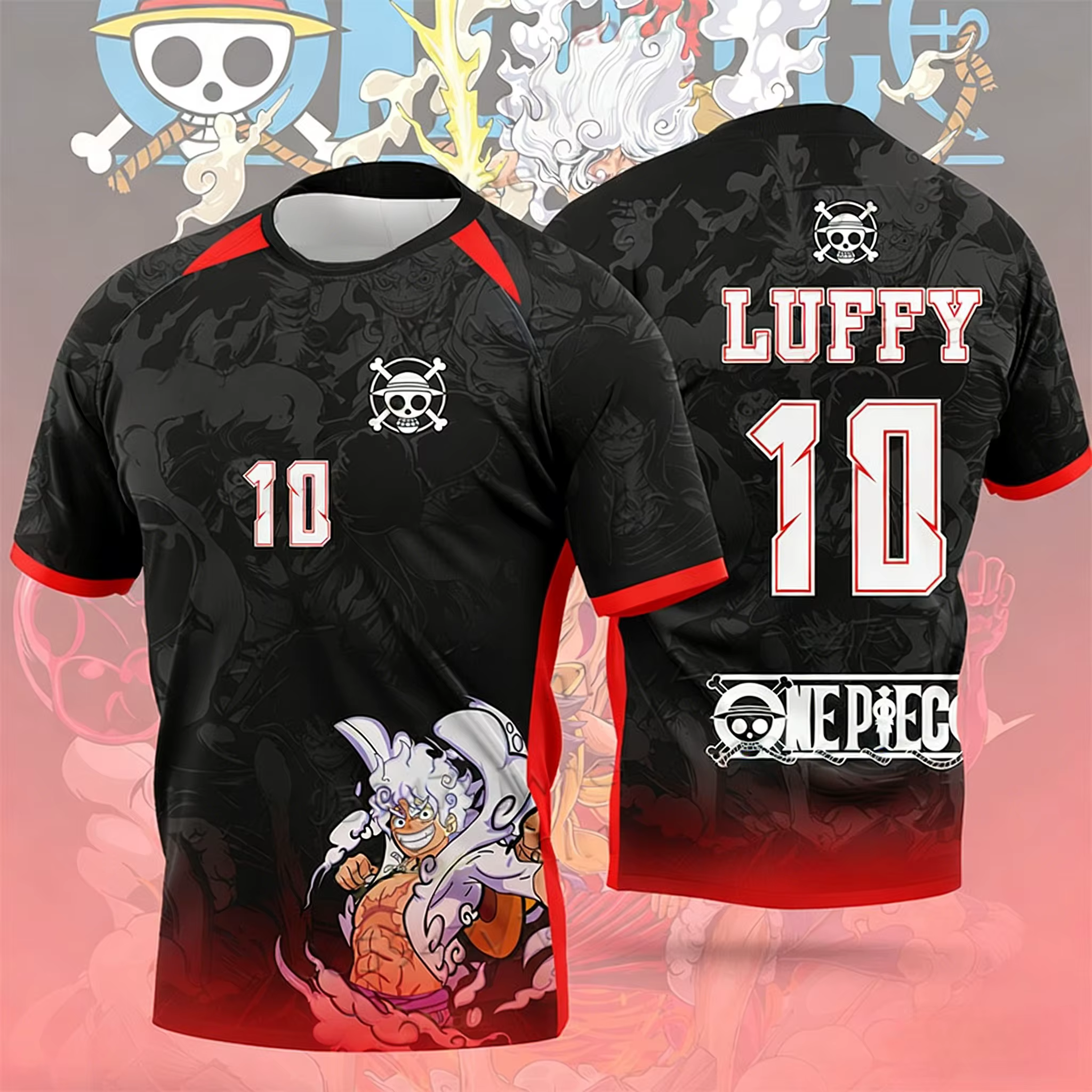 Nouveau T-shirt d'été 2026 en jersey texturé, motif Anime Universitaire Japonais, Rouge et Bleu
