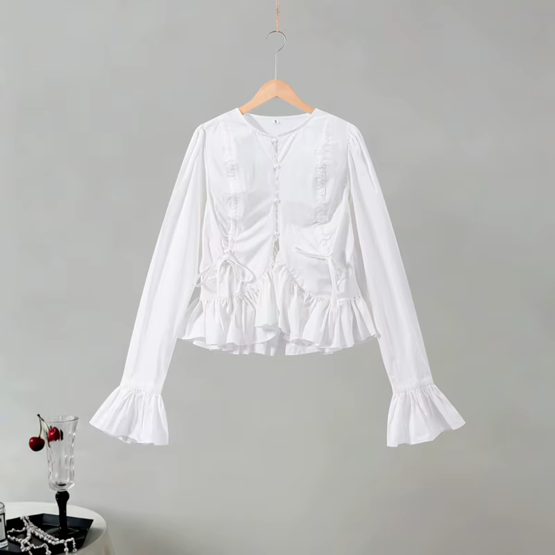 Chemisier Élégant Chic pour Femme à Manches Évasées, Boutonnage Simple et Ourlet Volanté, Couleur Un