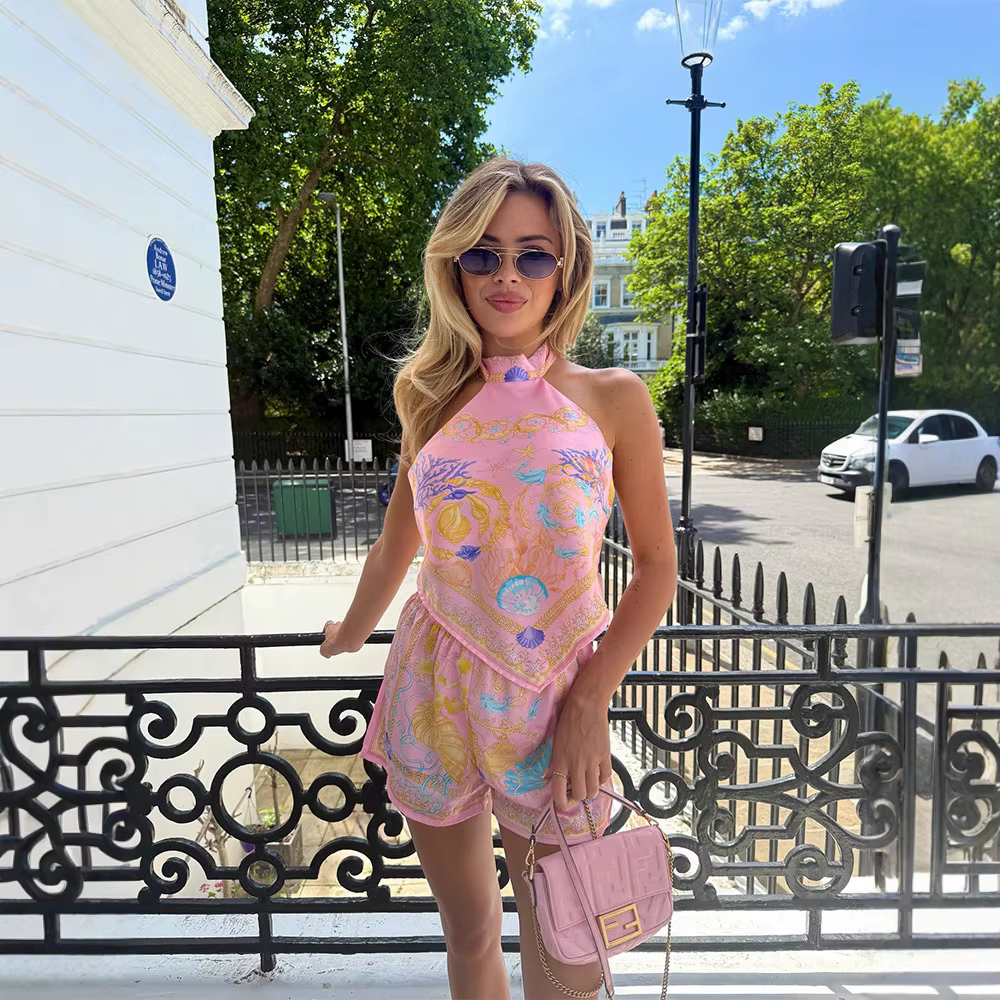 Ensembles d'été imprimés haut et short pour femme, haut dos nu à lacets, tenue de plage taille haute