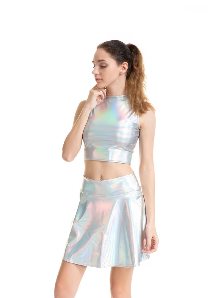 Haut court en cuir brillant pour femmes, gilet sans manches, débardeur de sport, or argent brillant,