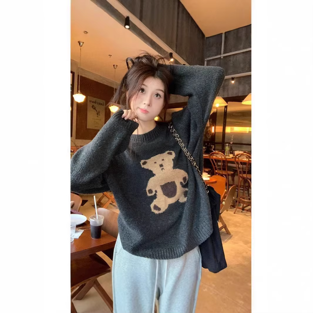 Pull tricoté à col rond pour femme, style décontracté, motif ours de dessin animé rétro, idéal pour