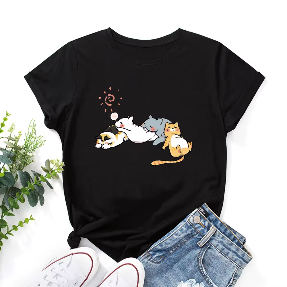 100% coton femmes T-shirt dormir chat imprimé graphique t-shirts amples chemise à manches courtes fe