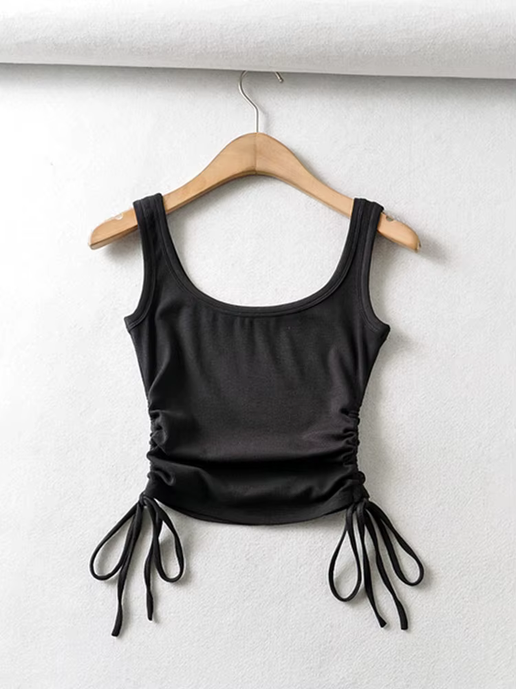Nouveauté filles décontracté couleur unie deux côtés cordon gilet plis froncé Sexy débardeur et Cami