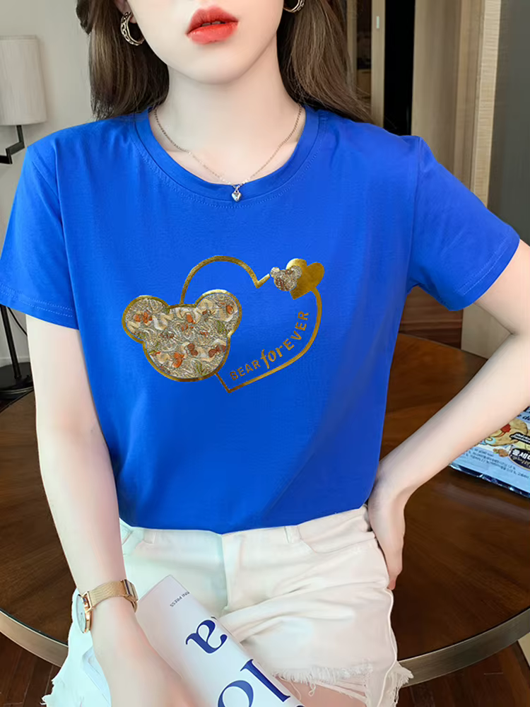TuangBiang-T-shirt manches courtes col rond pour femme, estival et décontracté, en coton, violet, av