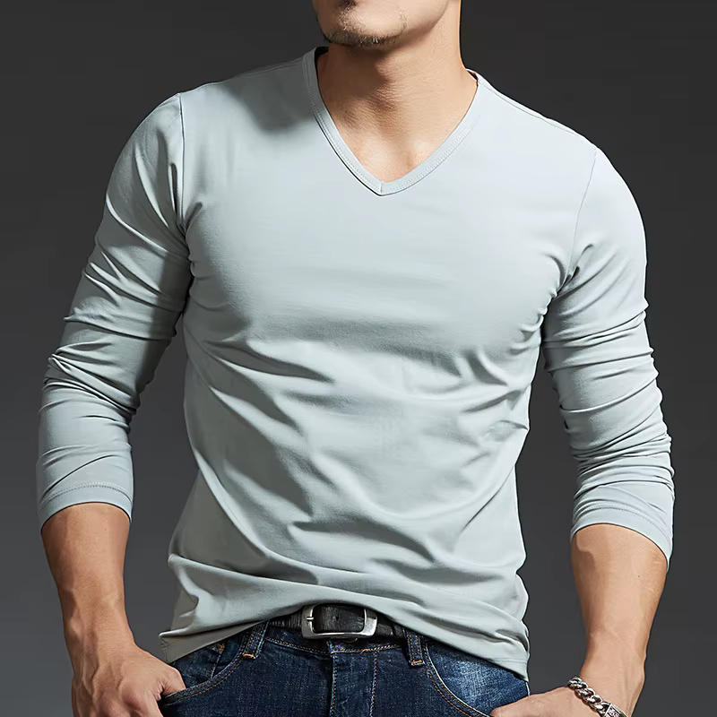 T-shirt ajusté à manches longues et col en V pour homme, gris foncé, sous-vêtement moulant, col ras 