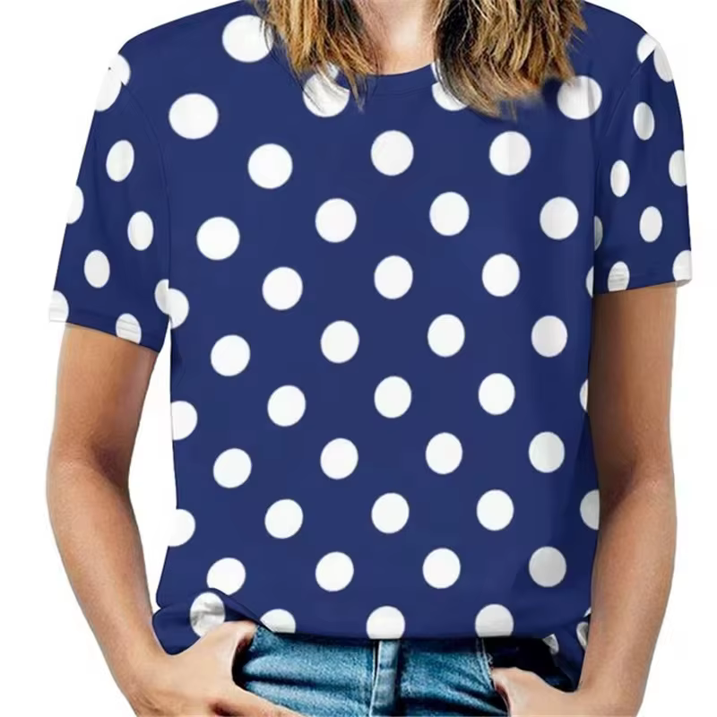 T-shirt à manches courtes et col rond pour femmes, vintage, impression de points 3D, mode rétro, t-s