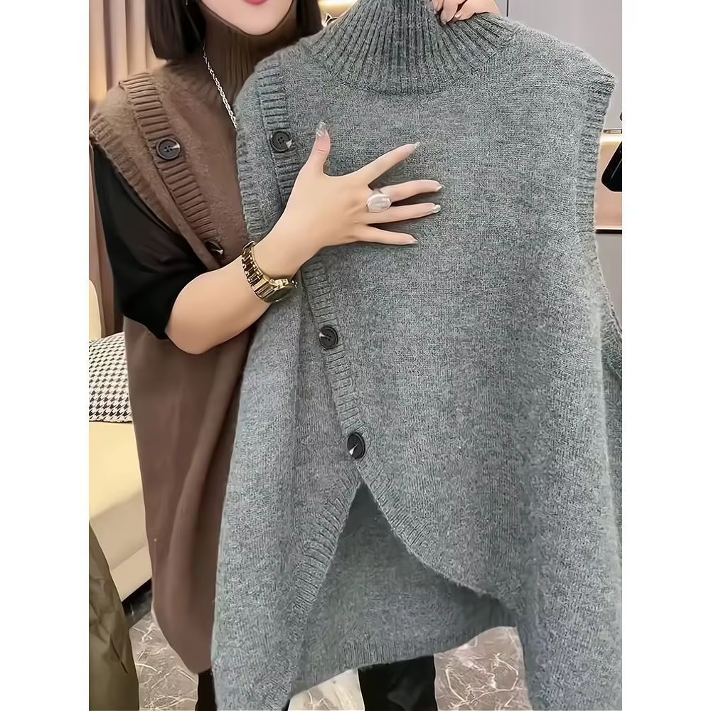 Femmes sans manches longs pull gilets Vintage irrégulière épissé bouton tricots vêtements d'extérieu