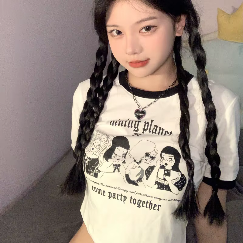 Haut court vintage à col rond pour femme, t-shirt à manches courtes, lettre imprimée, mode coréenne,