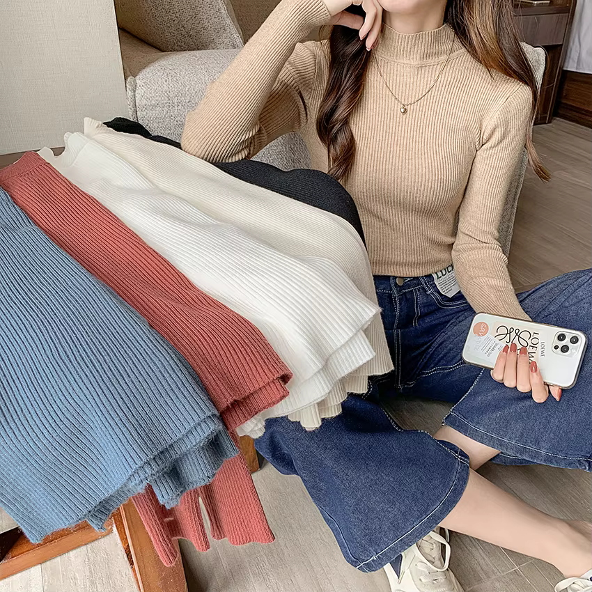 Automne hiver col montant femmes pull Vintage basique solide tricoté hauts décontracté mince pull co