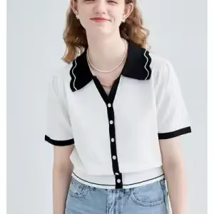 Cardigan fin en maille à col polo pour femme, style chic et décontracté, manches courtes, idéal pour