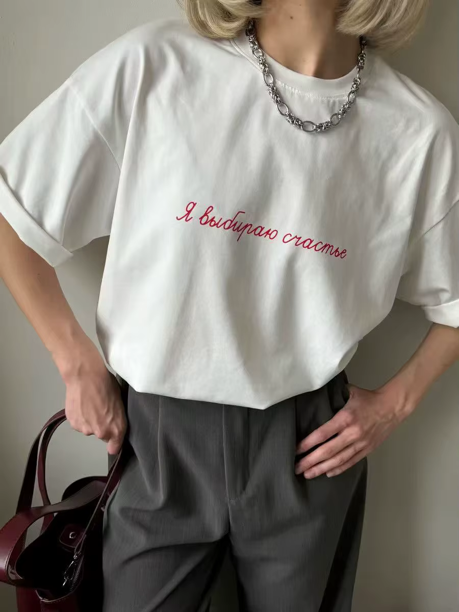 Simple lettre imprimer blanc graphique t-shirts femmes 100% coton à manches courtes col rond décontr