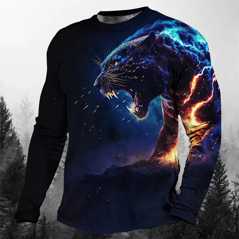 T-shirt à col rond imprimé animal léopard 3D pour hommes, manches longues, pull décontracté, vêtemen