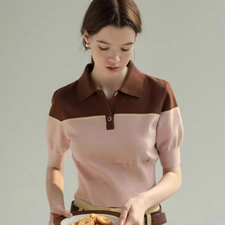 T-Shirt tricoté à col Polo contrasté français pour femmes, haut décontracté à manches courtes, nouve