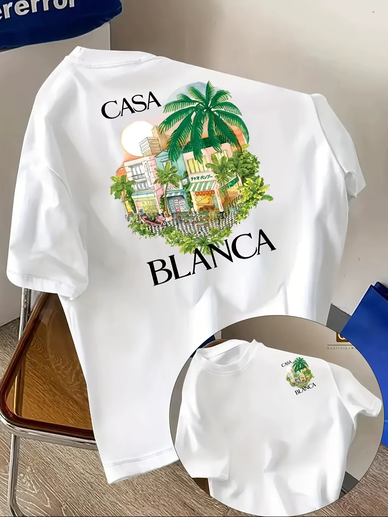 T-shirt pour homme Casa Blanca Tropical Street Print, surdimensionné, 100% polyester, streetwear, ma