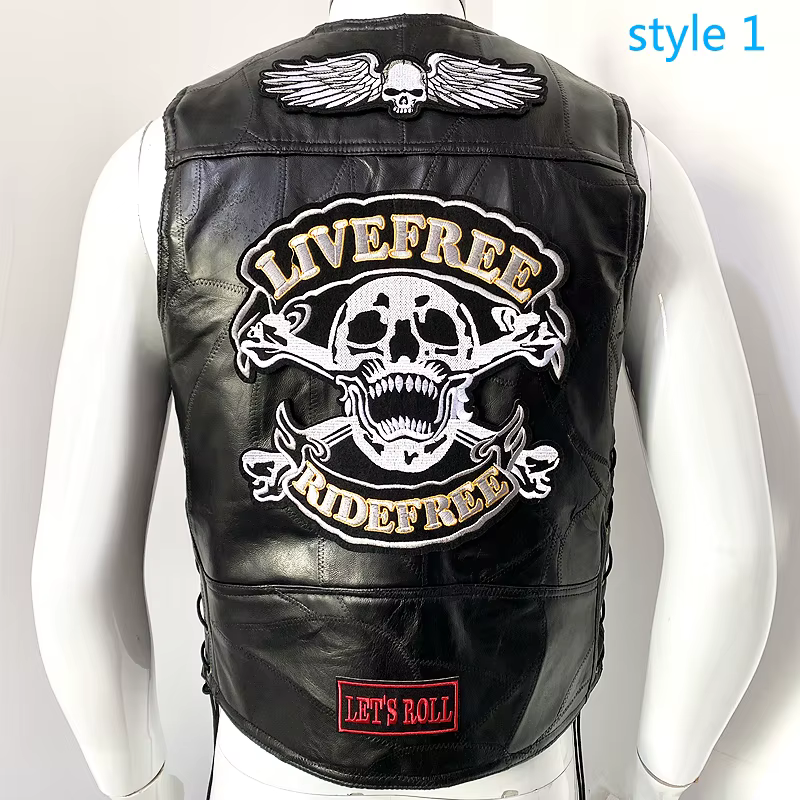 Gilet de motard en cuir pour homme, veste punk en peau de mouton émaillée, gilets de moto brodés têt