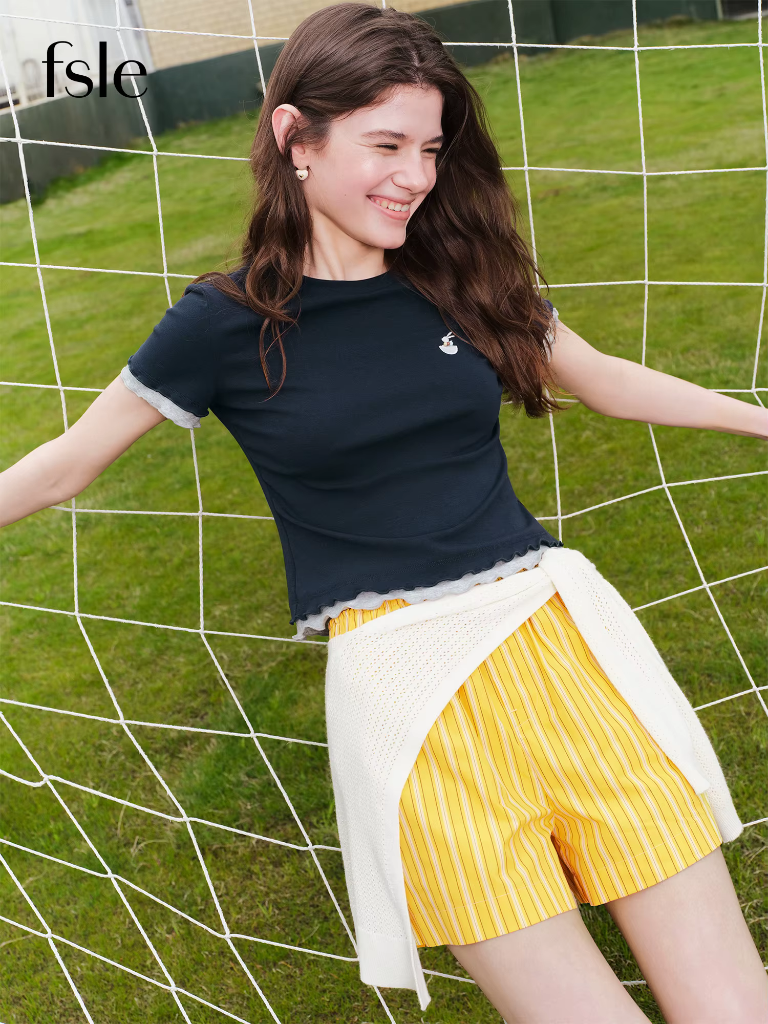 T-shirt à manches courtes en coton FSLE pour femme, effet deux pièces, couleur contrastante, style «