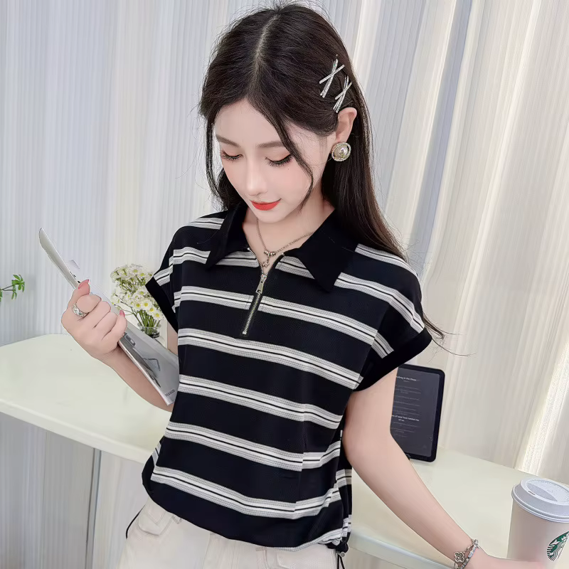Polo rayé pour femme à manches chauve-souris, demi-zip, décontracté, coupe ample, manches courtes