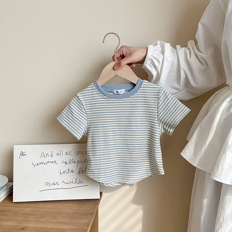 T-shirt rayé à manches courtes pour enfants, garçons et filles, chemise à bascule fine, vêtements dé