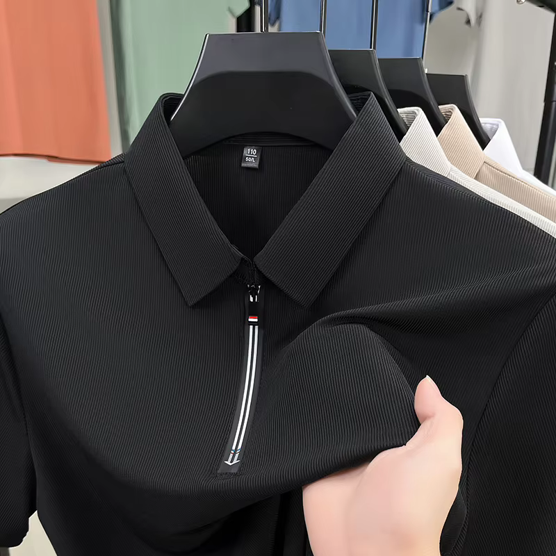 Polo Homme Haut de Gamme à Demi-Zip, Manches Courtes, Col Revers, Couleur Unie, Tissu Doux, Polyvale