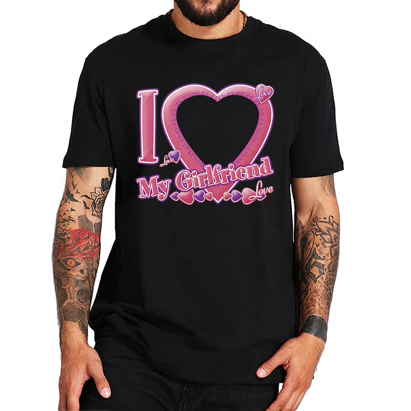 T-shirt à Manches Courtes et Col Ras du Cou pour Homme et Femme, avec Photo Personnalisée, I Love My