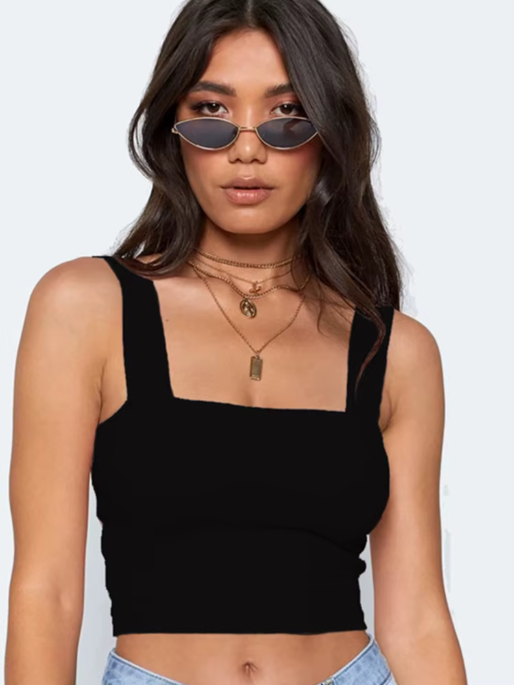Col carré sans manches été haut court blanc femmes noir décontracté basique t-shirt épaules nues Cam