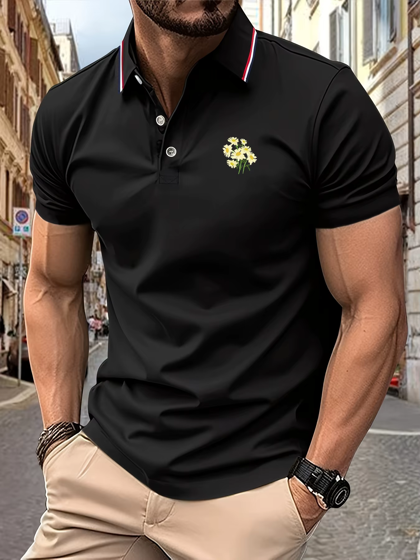 Polo pour hommes, élégant, noir, sur mesure, col contrasté, broderie marguerite délicate, haut éléga