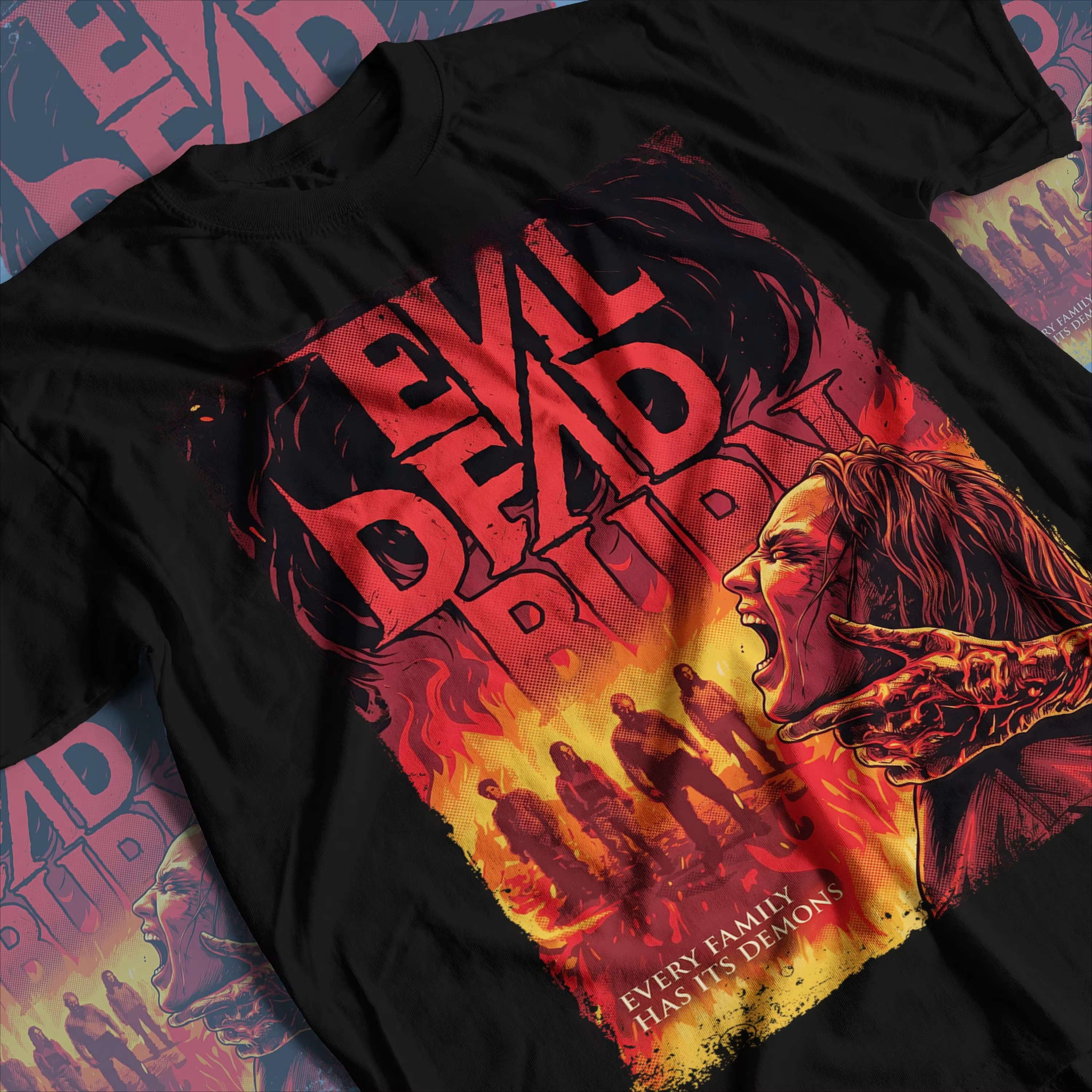 T-shirt Evil Dead Burn « Chaque famille a ses démons » – T-shirt graphique avec affiche de film d'ho
